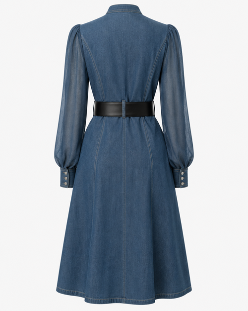 Denim Tulle Midi Dress — Blue