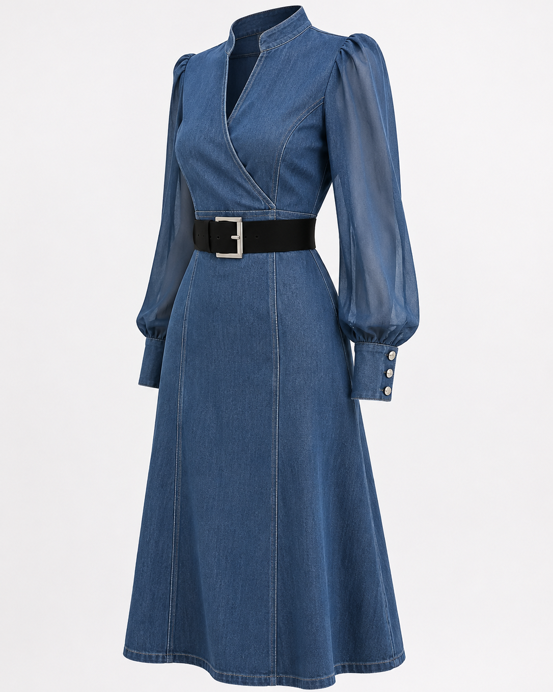 Denim Tulle Midi Dress — Blue