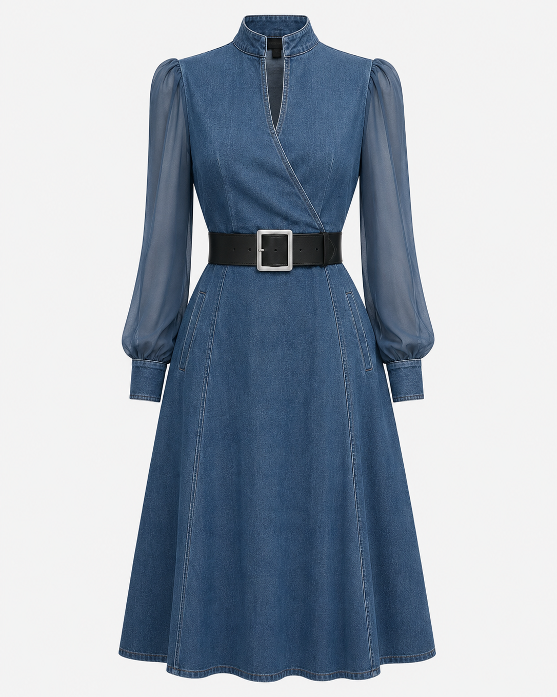 Denim Tulle Midi Dress — Blue – Shalora