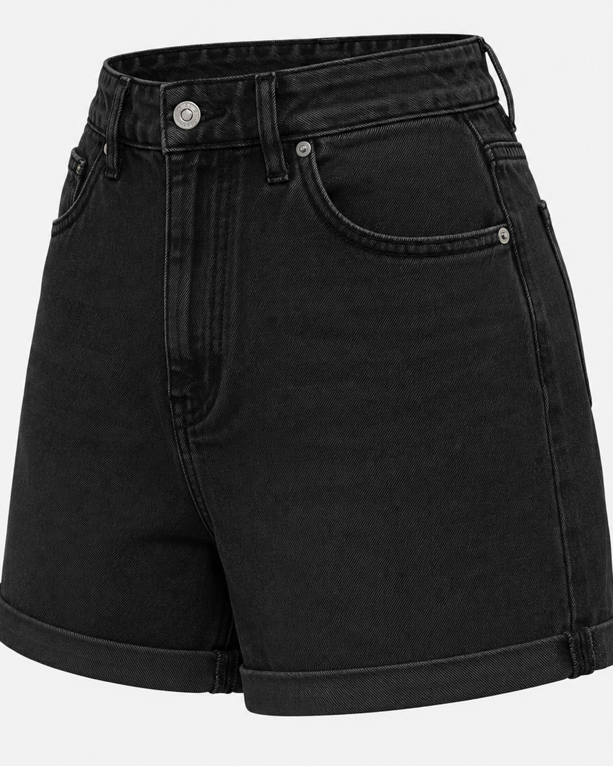 Roll Up Denim Shorts — Black